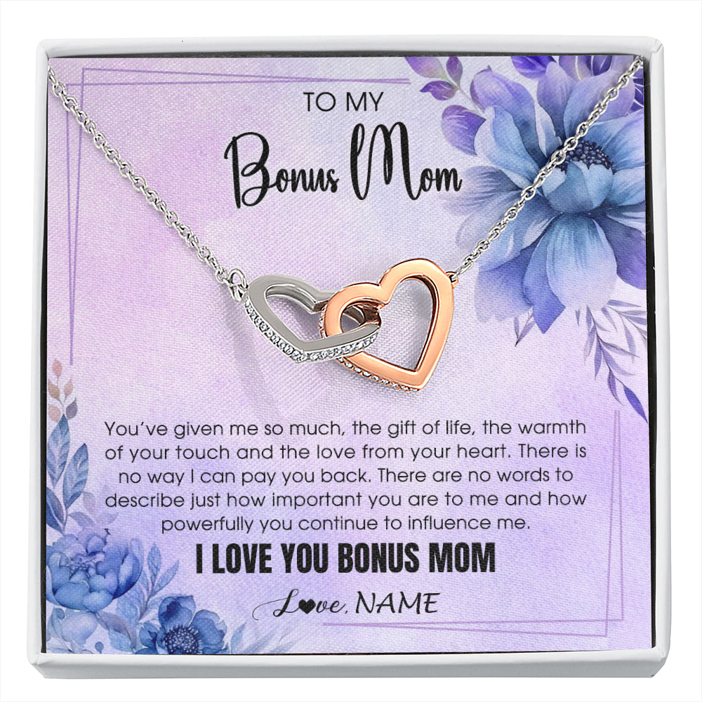 Interlocking Hearts Necklace Stainless Steel & Rose Gold Finish | 1 | Personalized To My Bonus Mom Necklace From Stepdaughter Stepson I Love You Stepmom Birthday Gifts Mothers Day Christmas Jewelry Customized Gift Box Message Card | siriusteestore