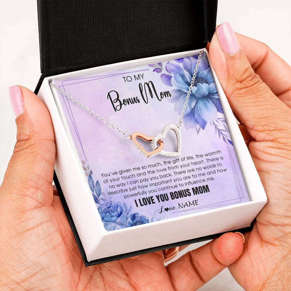 Interlocking Hearts Necklace Stainless Steel & Rose Gold Finish | 2 | Personalized To My Bonus Mom Necklace From Stepdaughter Stepson I Love You Stepmom Birthday Gifts Mothers Day Christmas Jewelry Customized Gift Box Message Card | siriusteestore