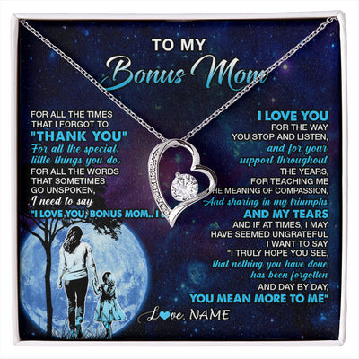 Forever Love Necklace 14K White Gold Finish | 1 | Personalized To My Bonus Mom Necklace From Stepdaughter Thank You Day By Day Stepmom Birthday Gifts Mothers Day Christmas Customized Gift Box Message Card | siriusteestore