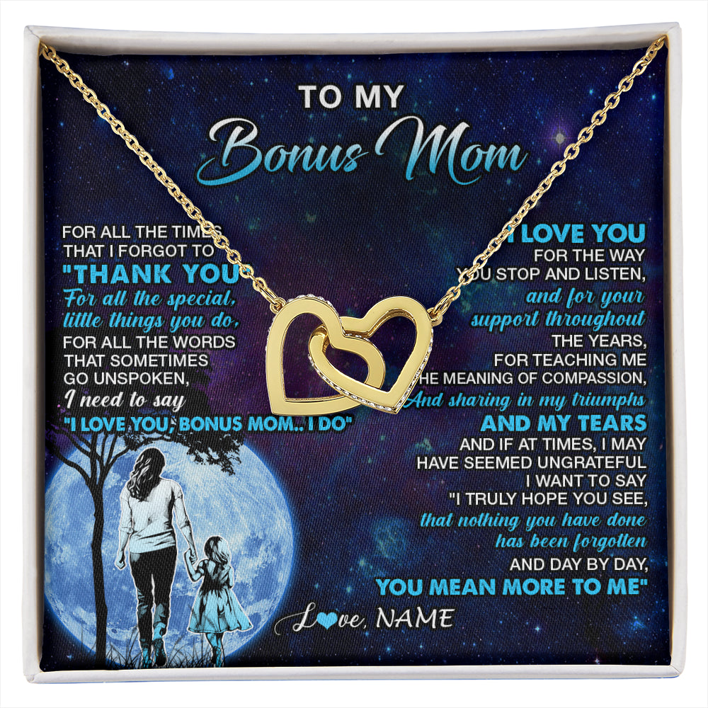 Interlocking Hearts Necklace 18K Yellow Gold Finish | 1 | Personalized To My Bonus Mom Necklace From Stepdaughter Thank You Day By Day Stepmom Birthday Gifts Mothers Day Christmas Customized Gift Box Message Card | siriusteestore