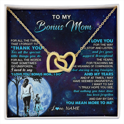 Interlocking Hearts Necklace 18K Yellow Gold Finish | 1 | Personalized To My Bonus Mom Necklace From Stepdaughter Thank You Day By Day Stepmom Birthday Gifts Mothers Day Christmas Customized Gift Box Message Card | siriusteestore
