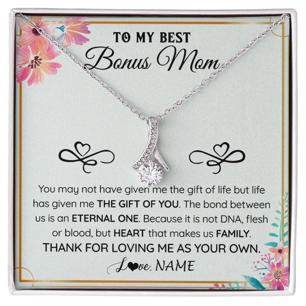 Alluring Beauty Necklace 14K White Gold Finish | 1 | Personalized To My Bonus Mom Necklace From Stepdaughter Thank You For Loving Stepmom Jewelry Pendant Birthday Gifts Christmas Customized Gift Box Message Card | siriusteestore