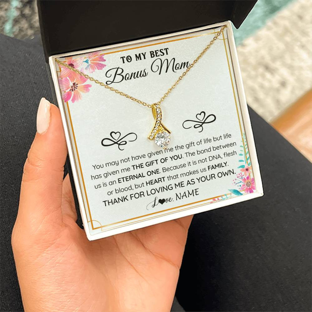 Alluring Beauty Necklace 18K Yellow Gold Finish | 2 | Personalized To My Bonus Mom Necklace From Stepdaughter Thank You For Loving Stepmom Jewelry Pendant Birthday Gifts Christmas Customized Gift Box Message Card | siriusteestore