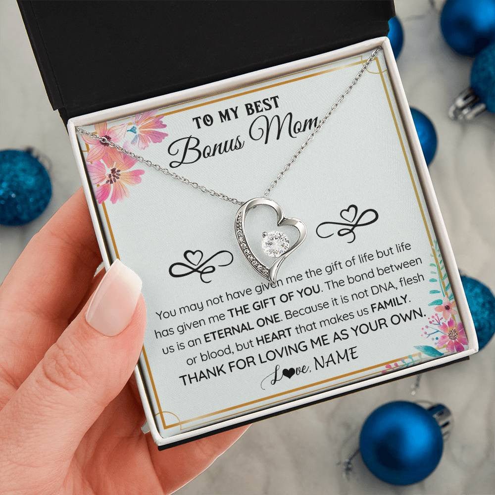 Forever Love Necklace 14K White Gold Finish | 2 | Personalized To My Bonus Mom Necklace From Stepdaughter Thank You For Loving Stepmom Jewelry Pendant Birthday Gifts Christmas Customized Gift Box Message Card | siriusteestore