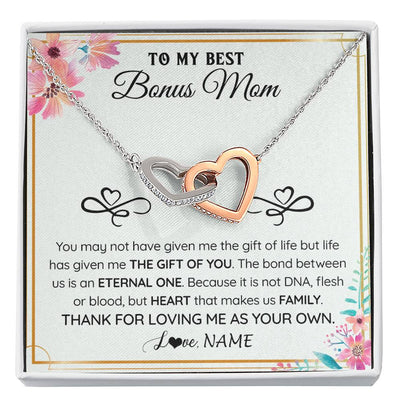 Interlocking Hearts Necklace Stainless Steel & Rose Gold Finish | 1 | Personalized To My Bonus Mom Necklace From Stepdaughter Thank You For Loving Stepmom Jewelry Pendant Birthday Gifts Christmas Customized Gift Box Message Card | siriusteestore