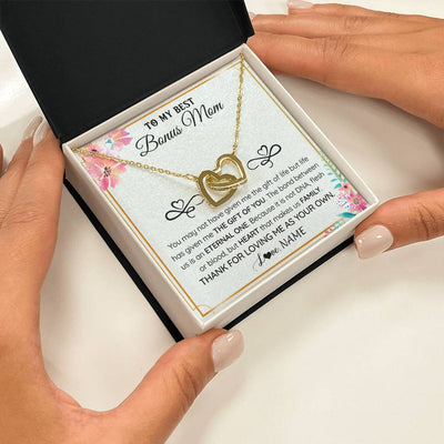 Interlocking Hearts Necklace 18K Yellow Gold Finish | 2 | Personalized To My Bonus Mom Necklace From Stepdaughter Thank You For Loving Stepmom Jewelry Pendant Birthday Gifts Christmas Customized Gift Box Message Card | siriusteestore