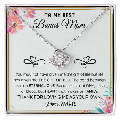 Love Knot Necklace 14K White Gold Finish | 1 | Personalized To My Bonus Mom Necklace From Stepdaughter Thank You For Loving Stepmom Jewelry Pendant Birthday Gifts Christmas Customized Gift Box Message Card | siriusteestore
