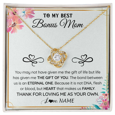 Love Knot Necklace 18K Yellow Gold Finish | 1 | Personalized To My Bonus Mom Necklace From Stepdaughter Thank You For Loving Stepmom Jewelry Pendant Birthday Gifts Christmas Customized Gift Box Message Card | siriusteestore