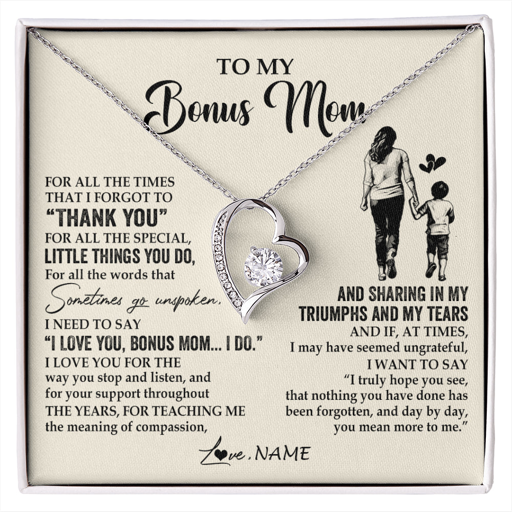 Forever Love Necklace 14K White Gold Finish | 1 | Personalized To My Bonus Mom Necklace From Stepson For All The Times That I Forgot To Thank You Birthday Mothers Day Christmas Customized Gift Box Message Card | siriusteestore