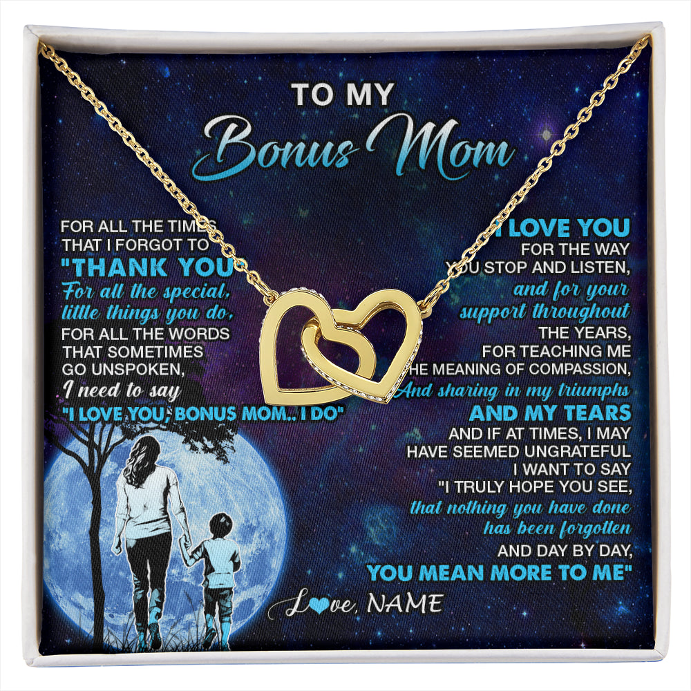 Interlocking Hearts Necklace 18K Yellow Gold Finish | 1 | Personalized To My Bonus Mom Necklace From Stepson Thank You Day By Day Stepmom Birthday Gifts Mothers Day Christmas Customized Gift Box Message Card | siriusteestore