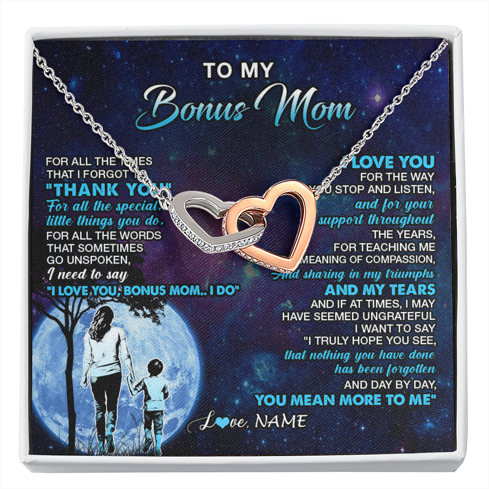 Interlocking Hearts Necklace Stainless Steel & Rose Gold Finish | 1 | Personalized To My Bonus Mom Necklace From Stepson Thank You Day By Day Stepmom Birthday Gifts Mothers Day Christmas Customized Gift Box Message Card | siriusteestore