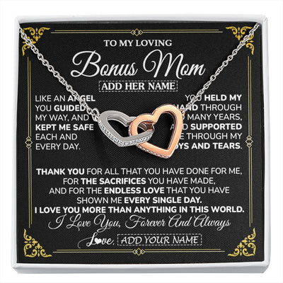 Interlocking Hearts Necklace Stainless Steel & Rose Gold Finish | 1 | Personalized To My Bonus Mom Necklace Gifts Meaningful Gift To Stepmom From Stepdaughter Without You There Is No Me Mothers Day Birthday Gift Box Message Card | https://siriusteestore.