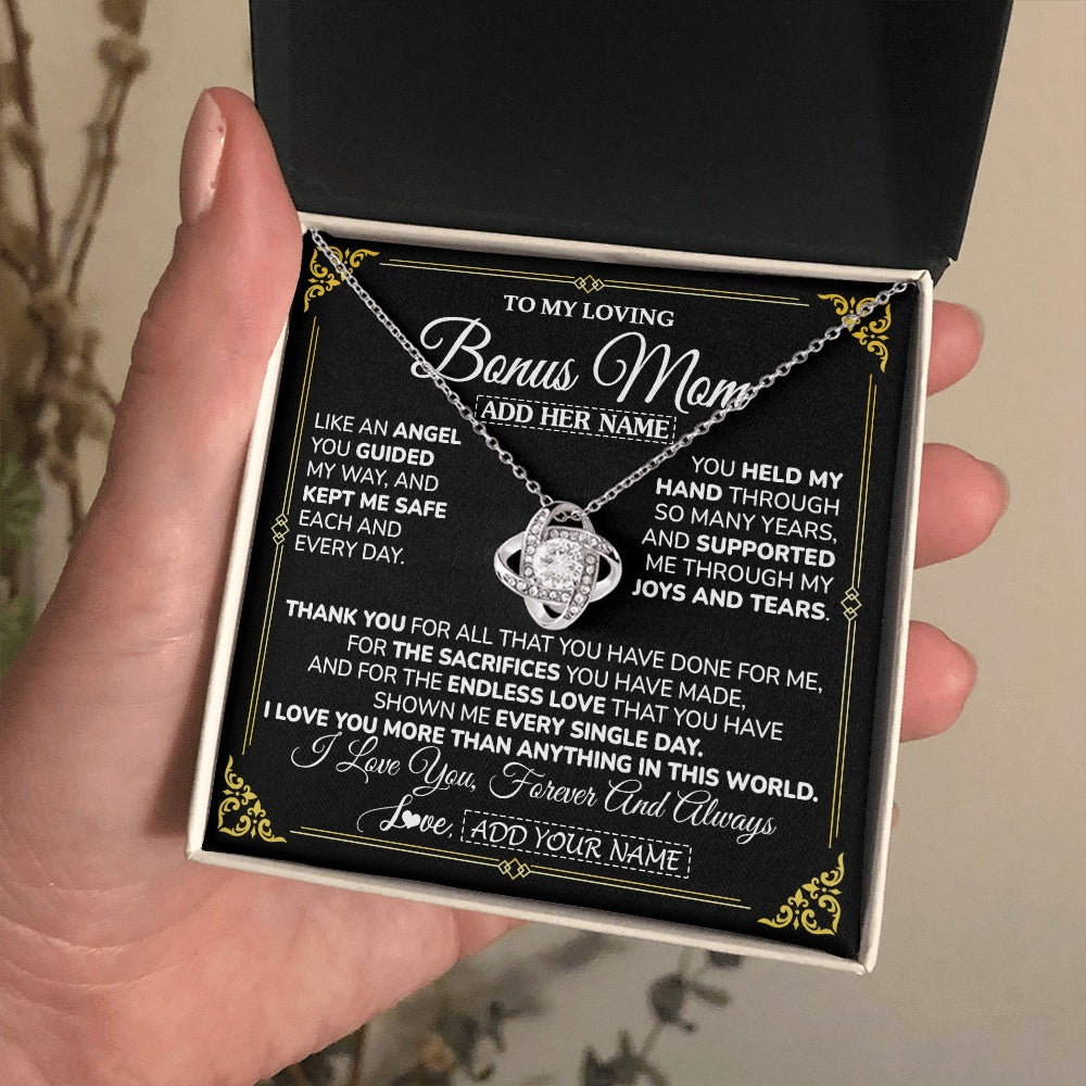 Love Knot Necklace 14K White Gold Finish | 2 | Personalized To My Bonus Mom Necklace Gifts Meaningful Gift To Stepmom From Stepdaughter Without You There Is No Me Mothers Day Birthday Gift Box Message Card | https://siriusteestore.