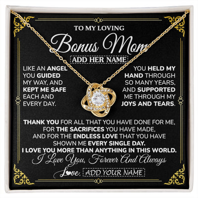 Love Knot Necklace 18K Yellow Gold Finish | 1 | Personalized To My Bonus Mom Necklace Gifts Meaningful Gift To Stepmom From Stepdaughter Without You There Is No Me Mothers Day Birthday Gift Box Message Card | https://siriusteestore.