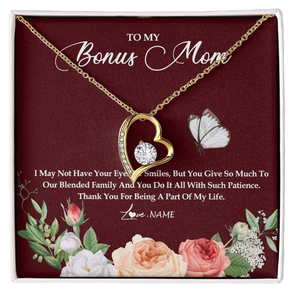 Forever Love Necklace 18K Yellow Gold Finish | Personalized To My Bonus Mom Necklace Thank You For Being A Part Of My Life Mother In Law Stepmom Jewelry Birthday Mothers Day Customized Gift Box Message Card | siriusteestore