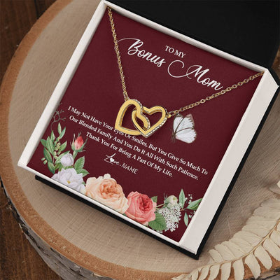 Interlocking Hearts Necklace 18K Yellow Gold Finish | Personalized To My Bonus Mom Necklace Thank You For Being A Part Of My Life Mother In Law Stepmom Jewelry Birthday Mothers Day Customized Gift Box Message Card | siriusteestore