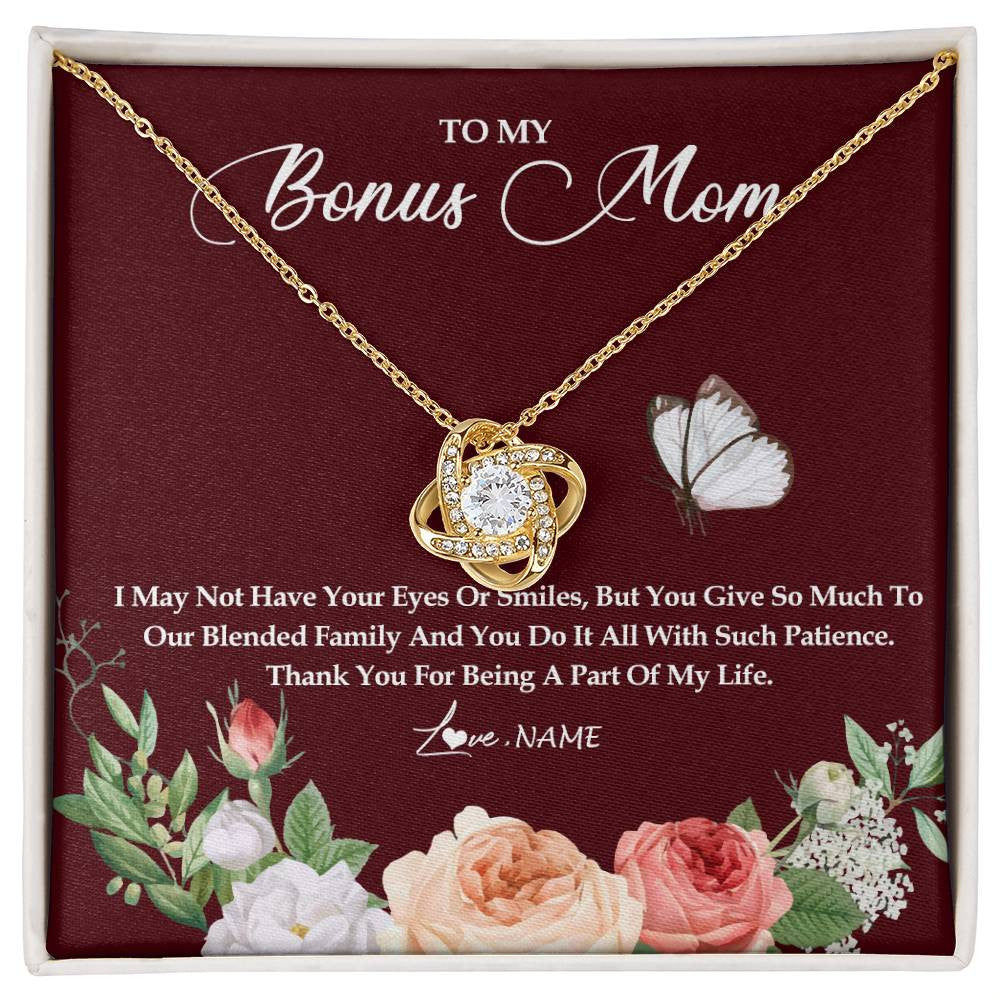 Love Knot Necklace 18K Yellow Gold Finish | Personalized To My Bonus Mom Necklace Thank You For Being A Part Of My Life Mother In Law Stepmom Jewelry Birthday Mothers Day Customized Gift Box Message Card | siriusteestore