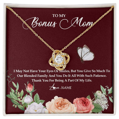 Love Knot Necklace 18K Yellow Gold Finish | Personalized To My Bonus Mom Necklace Thank You For Being A Part Of My Life Mother In Law Stepmom Jewelry Birthday Mothers Day Customized Gift Box Message Card | siriusteestore
