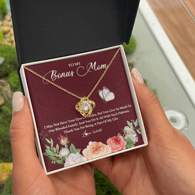 Love Knot Necklace 18K Yellow Gold Finish | Personalized To My Bonus Mom Necklace Thank You For Being A Part Of My Life Mother In Law Stepmom Jewelry Birthday Mothers Day Customized Gift Box Message Card | siriusteestore