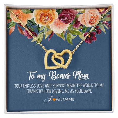 Interlocking Hearts Necklace 18K Yellow Gold Finish | Personalized To My Bonus Mom Necklace Your Endless Love and Support Stepmother Stepmom Jewelry Birthday Mothers Day Christmas Customized Gift Box Message Card | siriusteestore