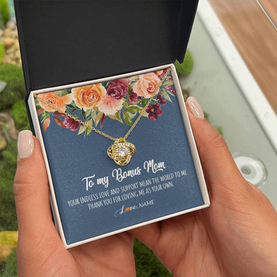 Love Knot Necklace 18K Yellow Gold Finish | Personalized To My Bonus Mom Necklace Your Endless Love and Support Stepmother Stepmom Jewelry Birthday Mothers Day Christmas Customized Gift Box Message Card | siriusteestore