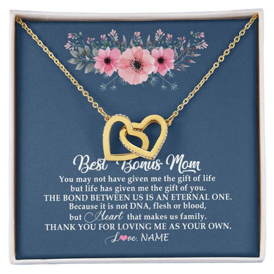 Interlocking Hearts Necklace 18K Yellow Gold Finish | Personalized To My Bonus Mom Necklace from Daughter Thank You For Loving Me Bonus Mom Jewelry Birthday Mothers Day Christmas Customized Message Card | siriusteestore
