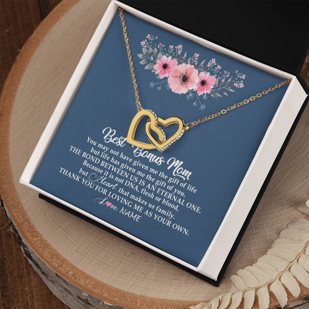 Interlocking Hearts Necklace 18K Yellow Gold Finish | Personalized To My Bonus Mom Necklace from Daughter Thank You For Loving Me Bonus Mom Jewelry Birthday Mothers Day Christmas Customized Message Card | siriusteestore