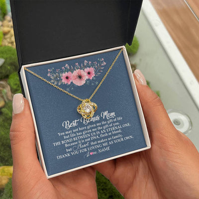 Love Knot Necklace 18K Yellow Gold Finish | Personalized To My Bonus Mom Necklace from Daughter Thank You For Loving Me Bonus Mom Jewelry Birthday Mothers Day Christmas Customized Message Card | siriusteestore