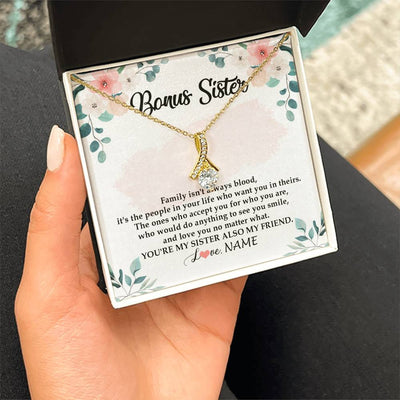 Alluring Beauty Necklace 18K Yellow Gold Finish | Personalized To My Bonus Sister Necklace You're My Sister Also My Friend Sister Pendant Jewelry Wedding Birthday Christmas Customized Gift Box Message Card | siriusteestore