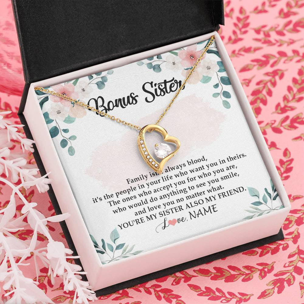 Forever Love Necklace 18K Yellow Gold Finish | Personalized To My Bonus Sister Necklace You're My Sister Also My Friend Sister Pendant Jewelry Wedding Birthday Christmas Customized Gift Box Message Card | siriusteestore