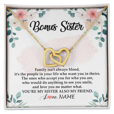 Interlocking Hearts Necklace 18K Yellow Gold Finish | Personalized To My Bonus Sister Necklace You're My Sister Also My Friend Sister Pendant Jewelry Wedding Birthday Christmas Customized Gift Box Message Card | siriusteestore