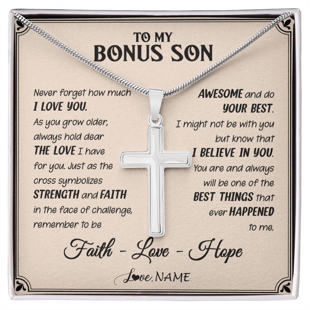 Stainless Cross Necklace Stainless Steel | 1 | Personalized To My Bonus Son Cross Necklace From Stepdad Stepmom Strength And Faith Stepson Birthday Christmas Graduation Customized Gift Box Message Card | siriusteestore