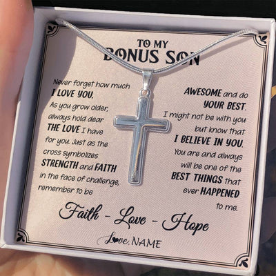 Stainless Cross Necklace Stainless Steel | 2 | Personalized To My Bonus Son Cross Necklace From Stepdad Stepmom Strength And Faith Stepson Birthday Christmas Graduation Customized Gift Box Message Card | siriusteestore
