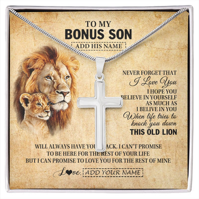 Stainless Cross Necklace Stainless Steel | 1 | Personalized To My Bonus Son Gifts From Stepdad Lion Necklace I Love You Stepson Birthday Gifts Graduation Christmas Customized Gift Box Message Card | siriusteestore.myshopify