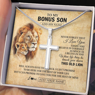 Stainless Cross Necklace Stainless Steel | 2 | Personalized To My Bonus Son Gifts From Stepdad Lion Necklace I Love You Stepson Birthday Gifts Graduation Christmas Customized Gift Box Message Card | siriusteestore.myshopify