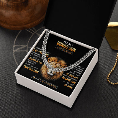 Cuban Link Chain Necklace Stainless Steel | 2 | Personalized To My Bonus Son Gifts From Stepdad Necklace Old Lion Love You Stepson Birthday Gifts Graduation Christmas Customized Gift Box Message Card | siriusteestore.myshopify