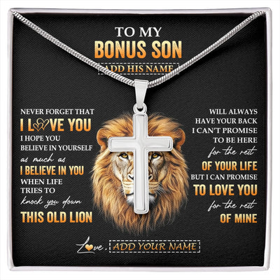 Stainless Cross Necklace Stainless Steel | 1 | Personalized To My Bonus Son Gifts From Stepdad Necklace Old Lion Love You Stepson Birthday Gifts Graduation Christmas Customized Gift Box Message Card | siriusteestore.myshopify
