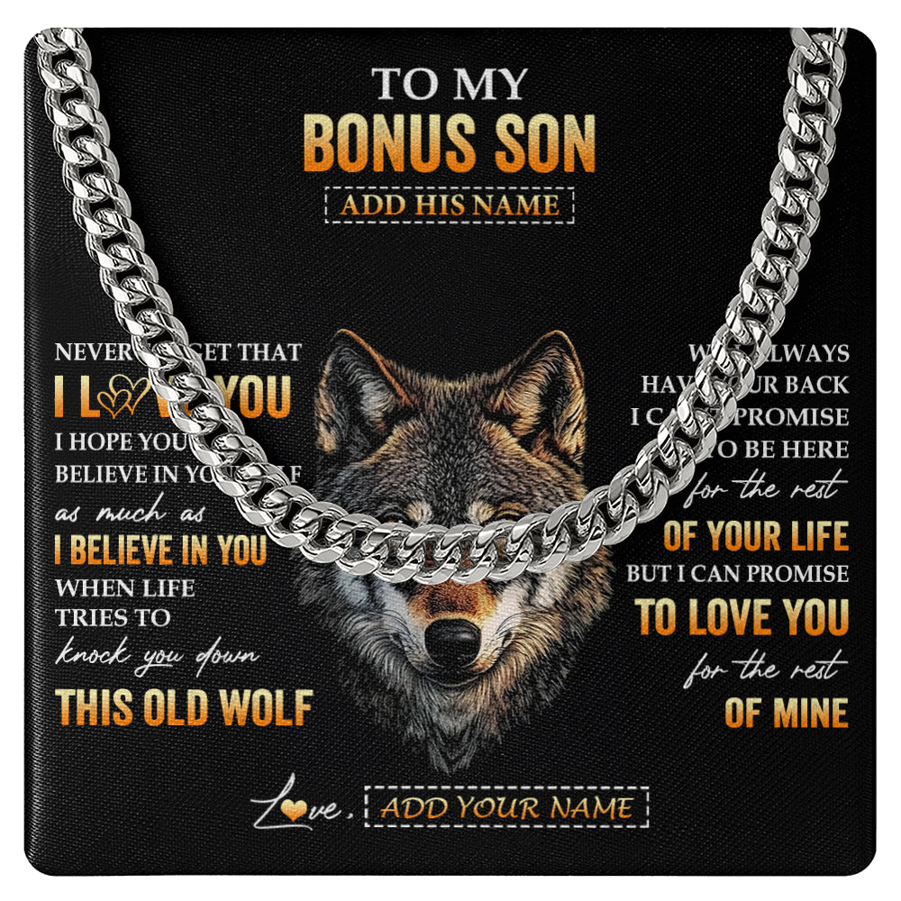 Cuban Link Chain Necklace Stainless Steel | 1 | Personalized To My Bonus Son Gifts From Stepdad Stepmom Necklace Old Wolf Love You Stepson Birthday Gifts Graduation Christmas Custom Gift Box Message Card | siriusteestore