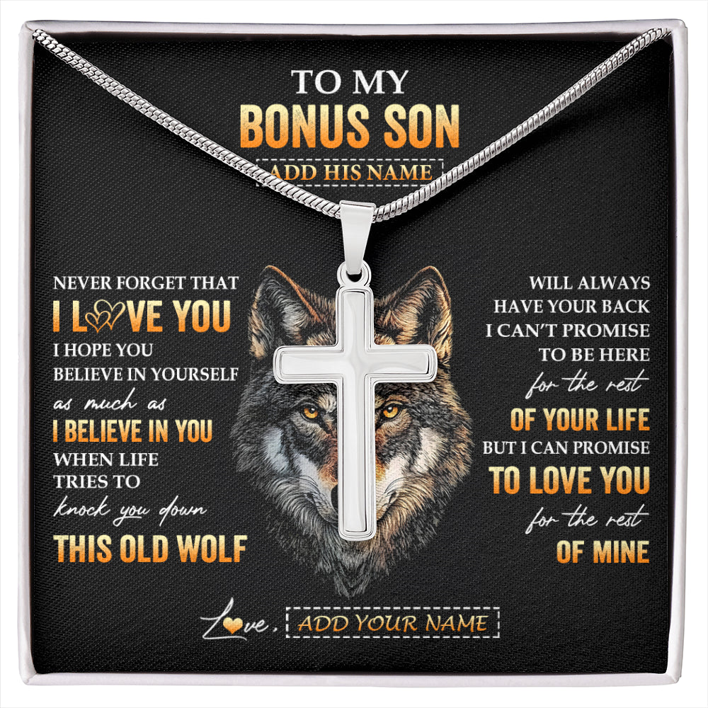 Stainless Cross Necklace Stainless Steel | 1 | Personalized To My Bonus Son Gifts From Stepdad Stepmom Necklace Old Wolf Love You Stepson Birthday Gifts Graduation Christmas Custom Gift Box Message Card | siriusteestore