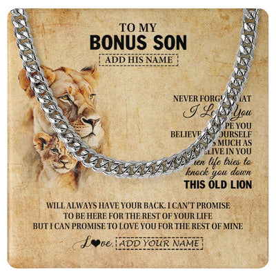 Cuban Link Chain Necklace Stainless Steel | 1 | Personalized To My Bonus Son Gifts From Stepmom Lion Necklace I Love You Stepson Birthday Gifts Graduation Christmas Customized Gift Box Message Card | siriusteestore.myshopify
