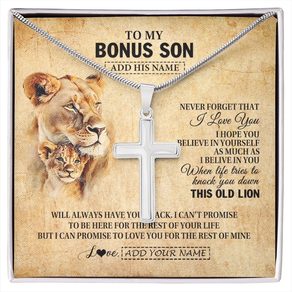 Stainless Cross Necklace Stainless Steel | 1 | Personalized To My Bonus Son Gifts From Stepmom Lion Necklace I Love You Stepson Birthday Gifts Graduation Christmas Customized Gift Box Message Card | siriusteestore.myshopify