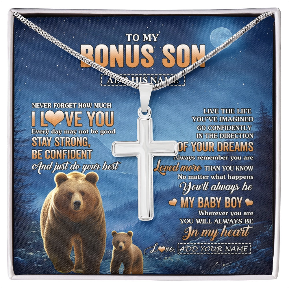 Stainless Cross Necklace Stainless Steel | 1 | Personalized To My Bonus Son Gifts From Stepmom Necklace Bear Never Forget How Much I Love You Stepson Birthday Graduation Christmas Gift Box Message Card | siriusteestore.myshopify