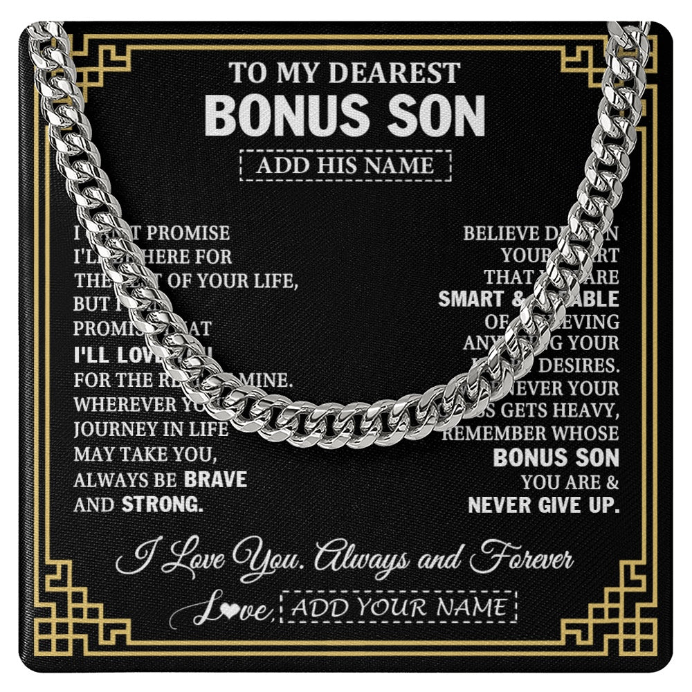 Cuban Link Chain Necklace Stainless Steel | 1 | Personalized To My Bonus Son Gifts From Stepmom Stepdad Cross Necklace Never Give Up Inspirational Gift For Stepson Birthday Christmas Gift Box Message Card | https://siriusteestore.