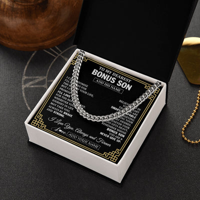 Cuban Link Chain Necklace Stainless Steel | 2 | Personalized To My Bonus Son Gifts From Stepmom Stepdad Cross Necklace Never Give Up Inspirational Gift For Stepson Birthday Christmas Gift Box Message Card | https://siriusteestore.