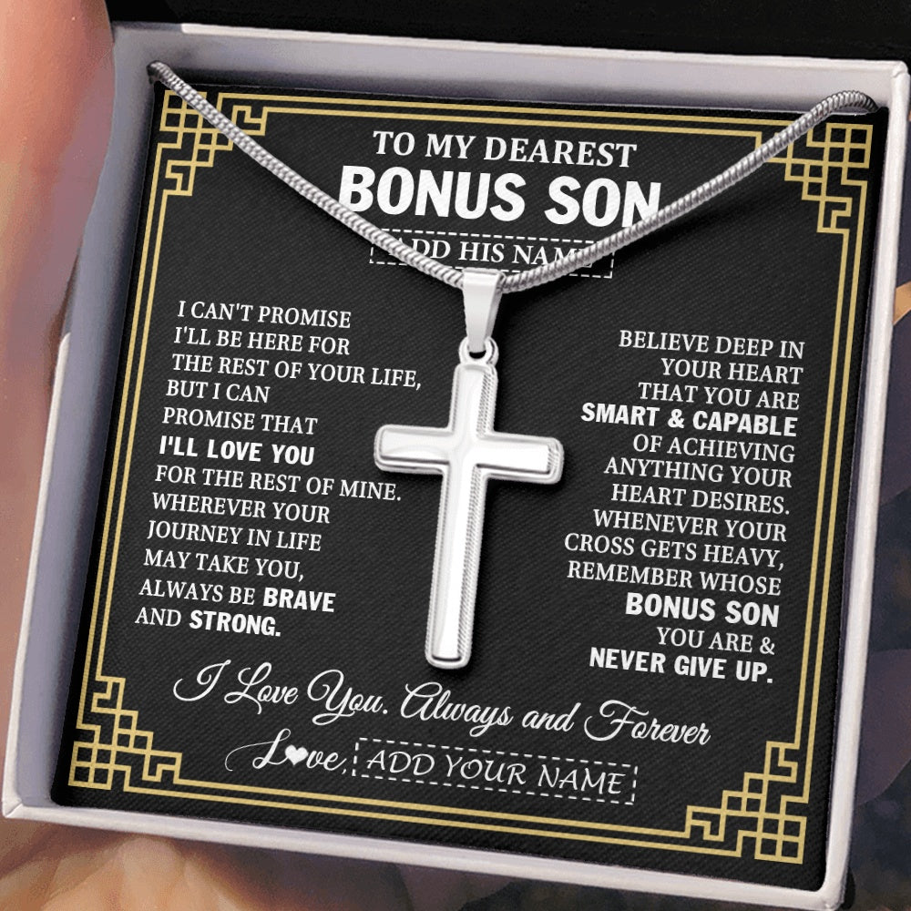 Stainless Cross Necklace Stainless Steel | 2 | Personalized To My Bonus Son Gifts From Stepmom Stepdad Cross Necklace Never Give Up Inspirational Gift For Stepson Birthday Christmas Gift Box Message Card | https://siriusteestore.