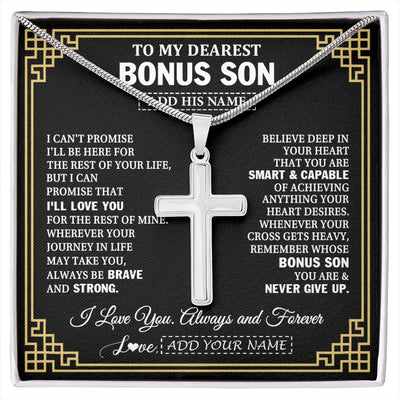 Stainless Cross Necklace Stainless Steel | 1 | Personalized To My Bonus Son Gifts From Stepmom Stepdad Cross Necklace Never Give Up Inspirational Gift For Stepson Birthday Christmas Gift Box Message Card | https://siriusteestore.