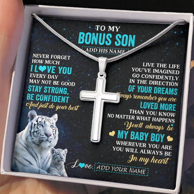 Stainless Cross Necklace Stainless Steel | 2 | Personalized To My Bonus Son Gifts From Stepmom Stepdad Necklace White Tiger Never Forget How Much I Love You Stepson Birthday Christmas Gift Box Message Card | siriusteestore.myshopify