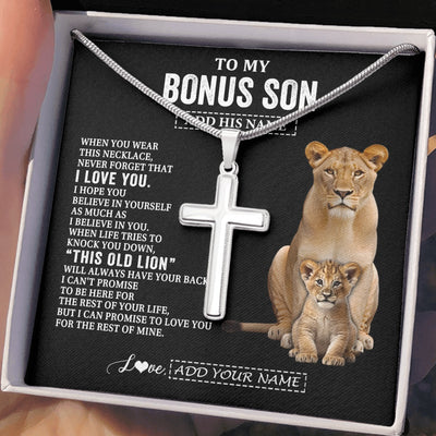 Stainless Cross Necklace Stainless Steel | 2 | Personalized To My Bonus Son Gifts From Stepmother Necklace This Old Lion Love You Stepson Birthday Gifts Graduation Christmas Customized Gift Box Message Card | https://siriusteestore.