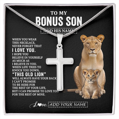 Stainless Cross Necklace Stainless Steel | 1 | Personalized To My Bonus Son Gifts From Stepmother Necklace This Old Lion Love You Stepson Birthday Gifts Graduation Christmas Customized Gift Box Message Card | https://siriusteestore.