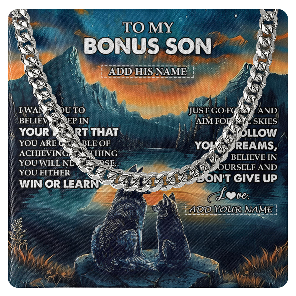 Cuban Link Chain Necklace Stainless Steel | 1 | Personalized To My Bonus Son Gifts From Stepmother Stepdad Necklace Don't Give Up Wolf Gifts For Stepson Birthday Graduation Christmas Gift Box Message Card | siriusteestore